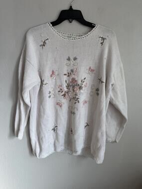 Vintage Colleens Collectables Cream Floral Embroidery Sweater Women L Grannycore